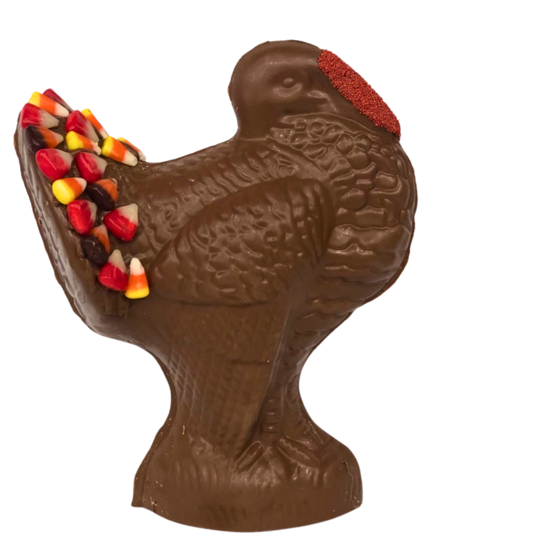 Dark chocolate turkey with glossy finish, perfect for Thanksgiving centerpiece or gift.”